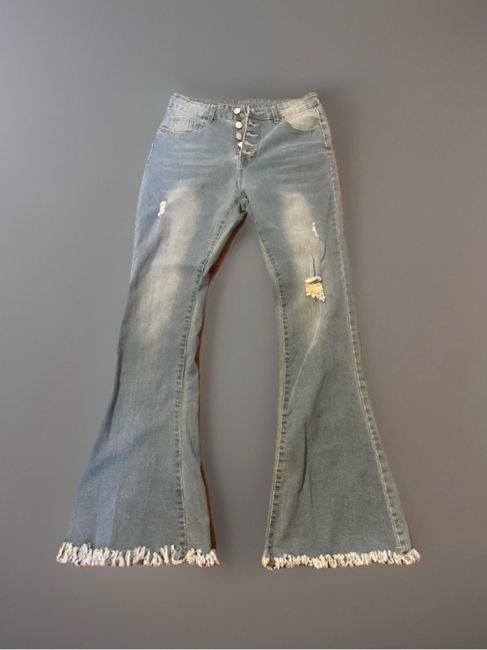 Women’s Light Blue Frayed Hem Flared Jeans Hippie Boho XL 29/30